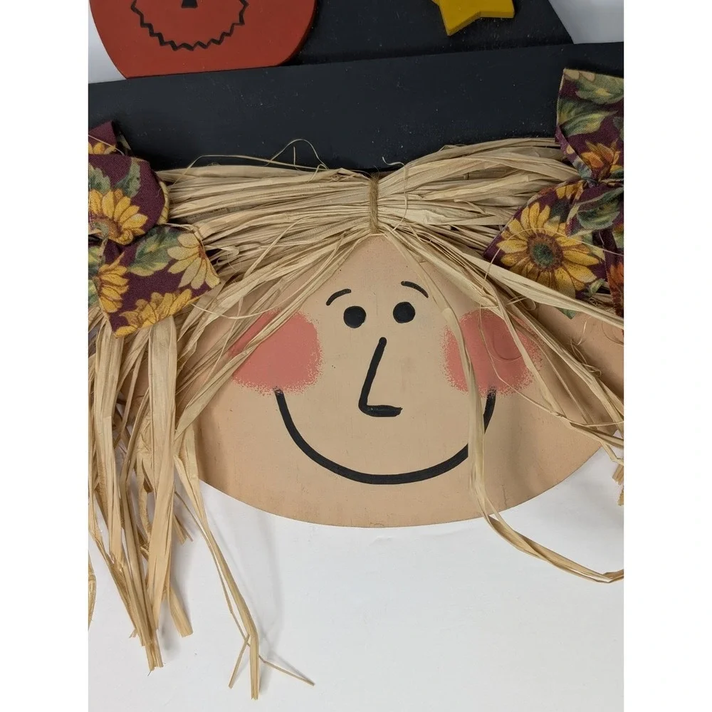 Handmade Wooden Halloween Witch Hat Wall Hanging Rustic Straw Hair Decor